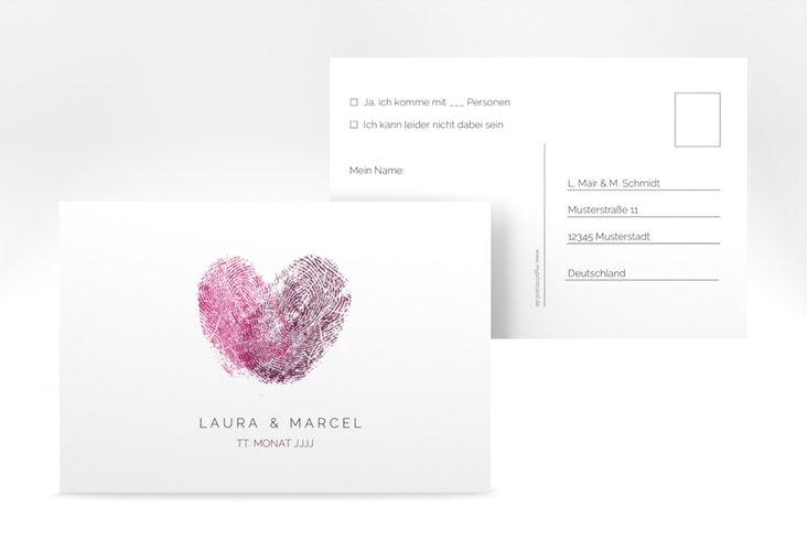 Antwortkarte Hochzeit Fingerprint A6 Postkarte pink schlicht mit Fingerabdruck-Motiv