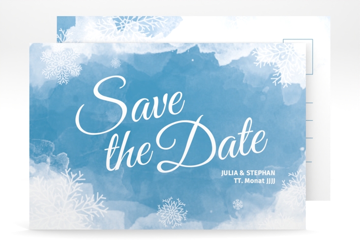 Save the Date-Postkarte Frozen A6 Postkarte blau mit Winter-Design