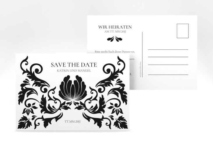 Save the Date-Postkarte Royal A6 Postkarte weiss mit barockem Blumen-Ornament