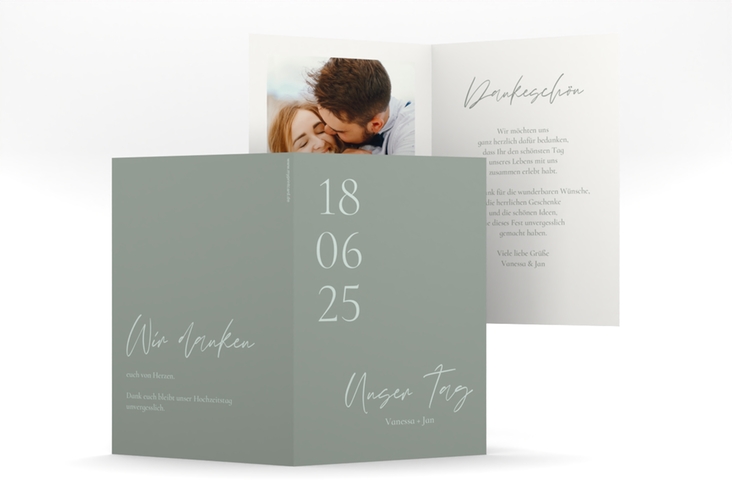 Dankeskarte Hochzeit Day A6 Klappkarte hoch gruen mit Datum im minimalistischen Design