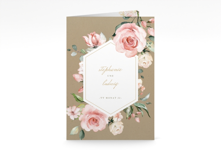 Kirchenheft Hochzeit Graceful A5 Klappkarte hoch Kraftpapier hochglanz mit Rosenblüten in Rosa und Weiß