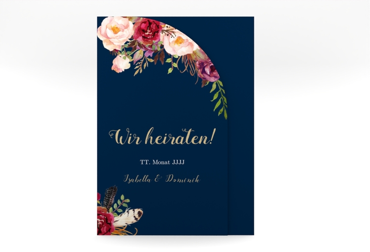 Hochzeitseinladung Flowers mittlere Bogen-Wickelfalzkarte blau mit bunten Aquarell-Blumen