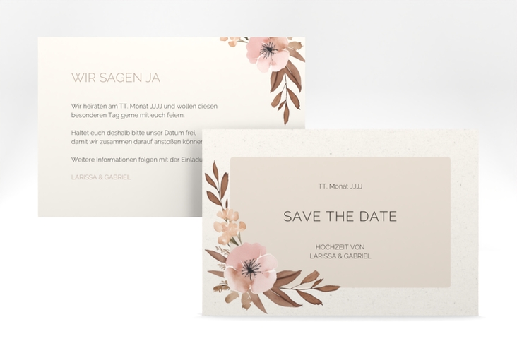 Save the Date-Karte Modest A6 Karte quer beige mit elegantem Blumen-Aquarell