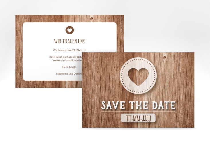 Save the Date-Karte Flair A6 Karte quer braun in rustikaler Holz-Optik mit Herz