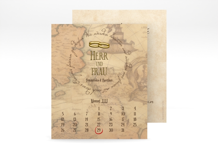 Save the Date-Kalenderblatt Zwei Ringe Kalenderblatt-Karte beige mit Eheringen und Fantasy-Landkarte