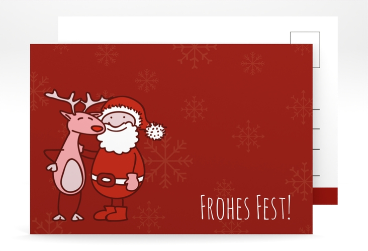 Weihnachtskarte Cartoon A6 Postkarte hochglanz lustig mit Weihnachtsmann und Rentier Rudolf