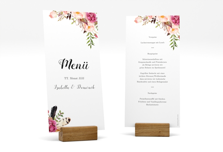 Menükarte Hochzeit Flowers lange Karte hoch weiss mit bunten Aquarell-Blumen