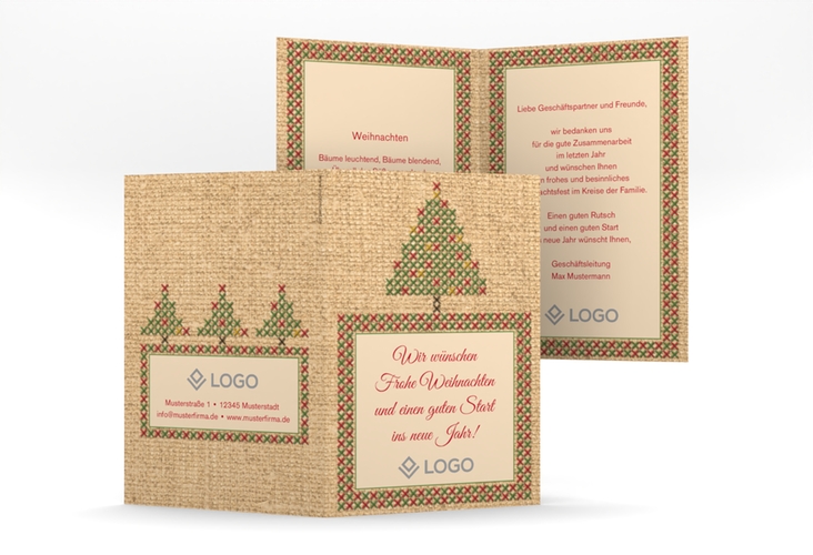 Geschäftliche Weihnachtskarte Stickerei A6 Klappkarte hoch hochglanz in Jute-Optik mit aufgesticktem Christbaum