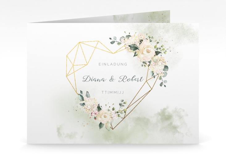 Hochzeitseinladung Adore mittlere Klappkarte quer mit geometrischem Herz und Rosen in Pastell