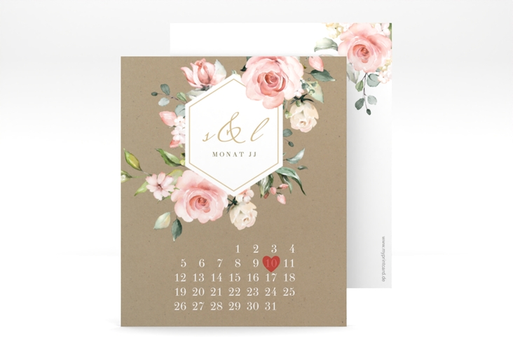 Save the Date-Kalenderblatt Graceful Kalenderblatt-Karte Kraftpapier mit Rosenblüten in Rosa und Weiß