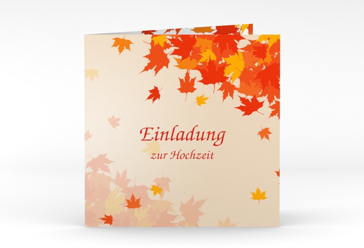 Hochzeitseinladung Zwiesel quadr. Klappkarte hochglanz mit Herbstlaub in Orange