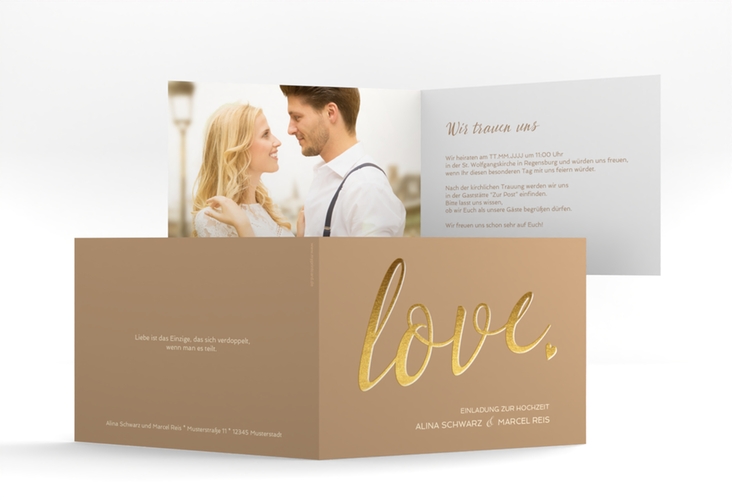 Hochzeitseinladung Glam A6 Klappkarte quer beige