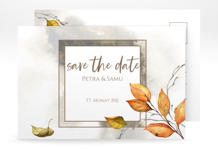 Save the Date-Postkarte Herbst A6 Postkarte mit orangefarbigem Herbstlaub in Aquarell