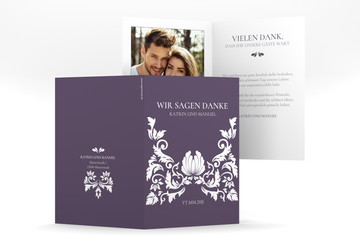 Danksagungskarte Hochzeit Royal A6 Klappkarte hoch lila hochglanz mit barockem Blumen-Ornament