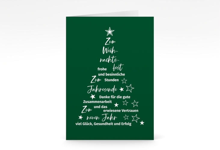 Geschäftliche Weihnachtskarte Oh Tannenbaum A6 Klappkarte hoch mit Weihnachtsbaum aus Glückwünschen und Sternen
