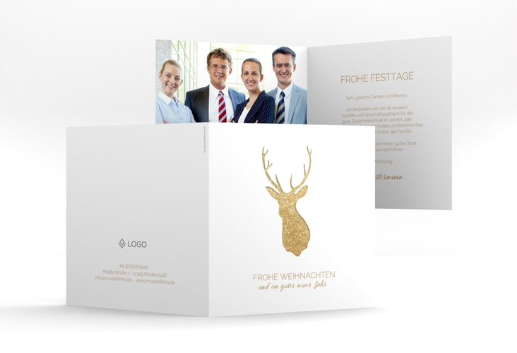 Business-Weihnachtskarte Deer quadr. Klappkarte gold hochglanz und weiß mit Hirsch-Motiv