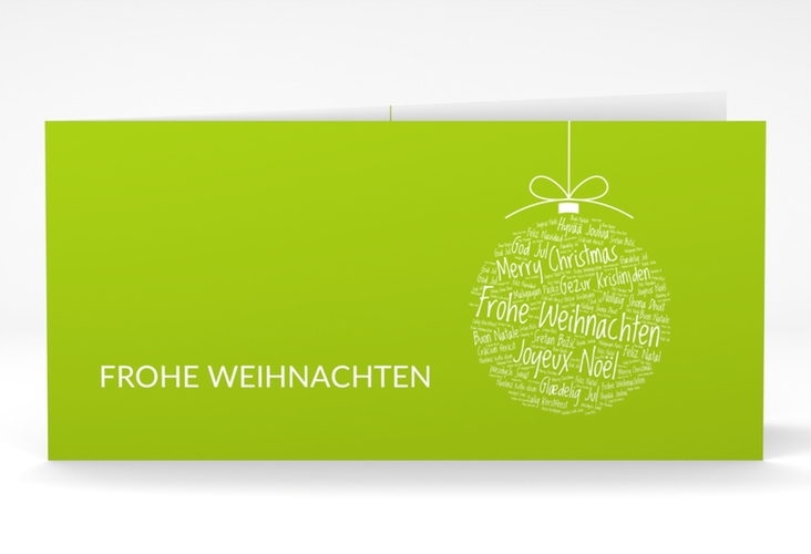 Geschäftliche Weihnachtskarte Wunderkugel lange Klappkarte quer gruen schlicht mit Weihnachtskugel