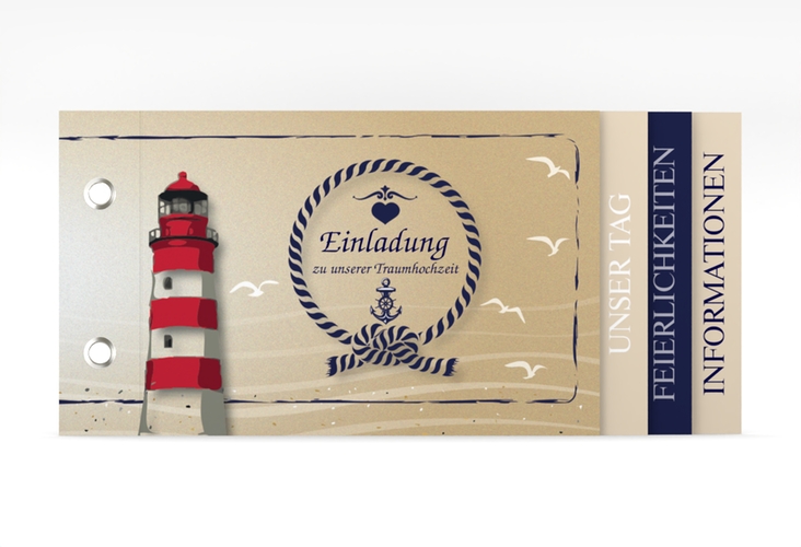 Hochzeitseinladung Sylt Booklet braun mit Leuchtturm