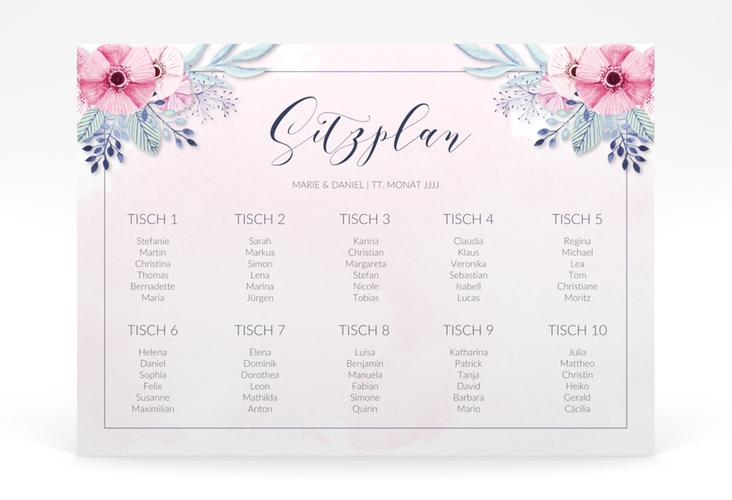 Sitzplan Poster Hochzeit Surfinia 70 x 50 cm Poster rosa