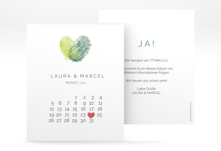 Save the Date-Kalenderblatt Fingerprint Kalenderblatt-Karte gruen schlicht mit Fingerabdruck-Motiv