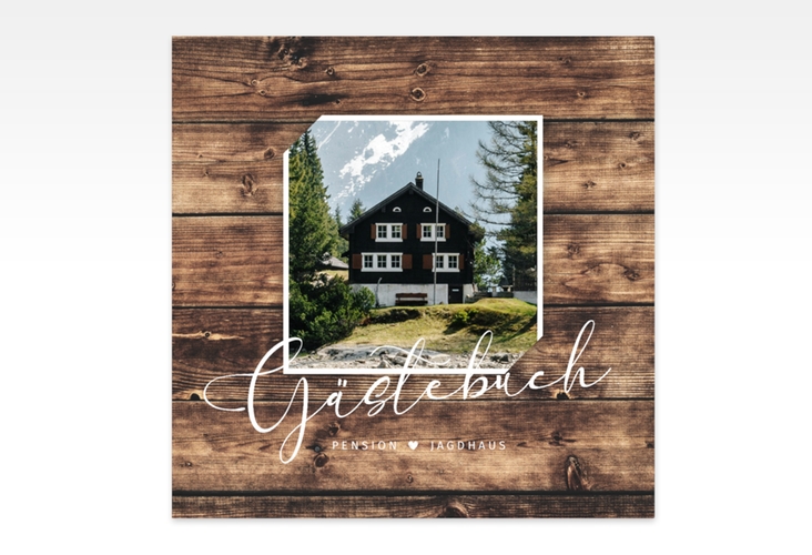 Gästebuch Creation Ferienhaus Jagdhaus 20 x 20 cm, Hardcover braun in Holz-Optik mit Foto