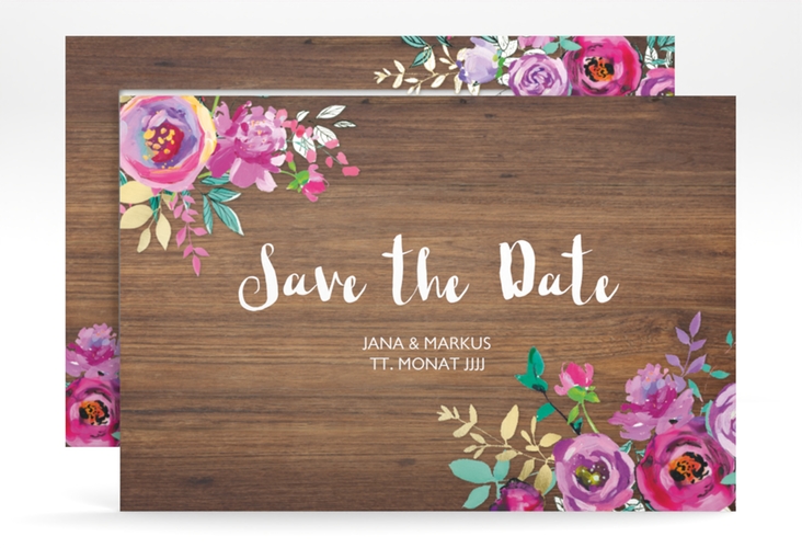 Save the Date-Karte Flourish A6 Karte quer mit floraler Bauernmalerei auf Holz