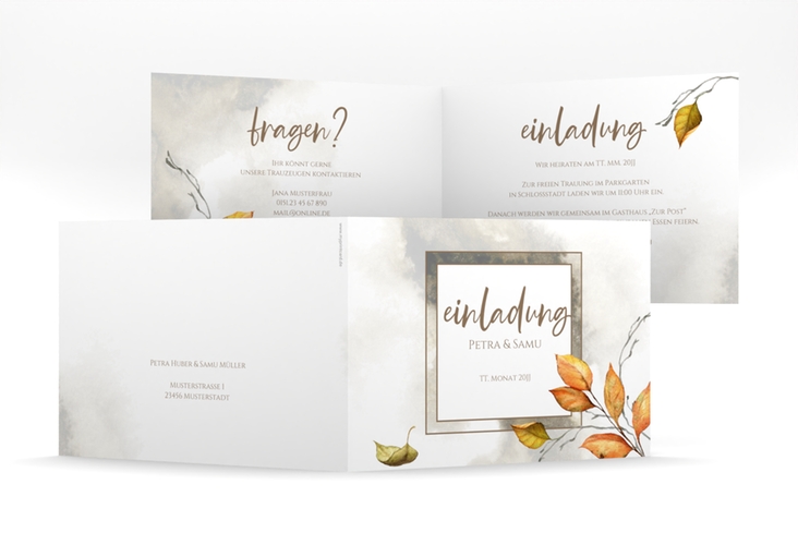 Hochzeitseinladung Herbst mittlere Klappkarte quer mit orangefarbigem Herbstlaub in Aquarell