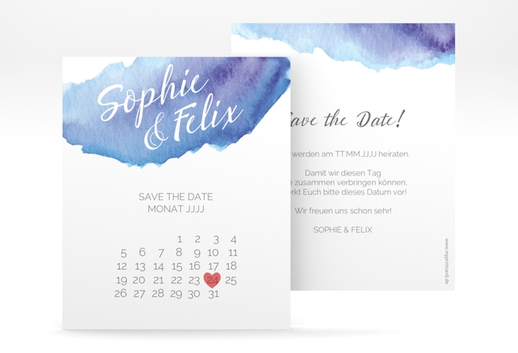 Save the Date-Kalenderblatt Aquarella Kalenderblatt-Karte blau hochglanz