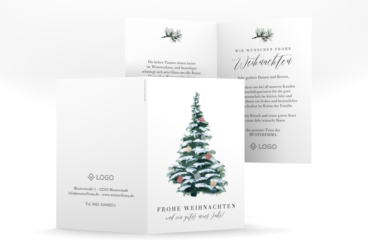 Geschäftliche Weihnachtskarte Wintertanne A6 Klappkarte hoch mit dekoriertem Tannenbaum voll Schnee