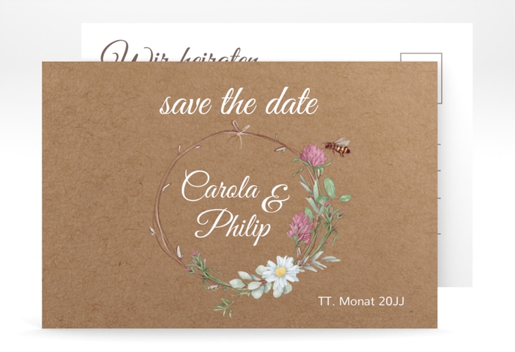 Save the Date-Postkarte Honey A6 Postkarte mit Wiesenblumen und Biene