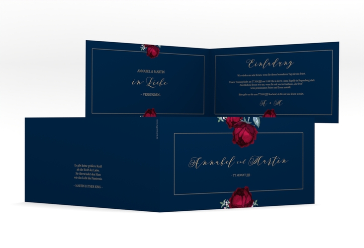 Hochzeitseinladung Peonies lange Klappkarte quer blau elegant mit Pfingstrosen