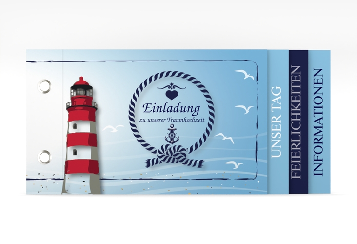 Hochzeitseinladung Sylt Booklet blau mit Leuchtturm