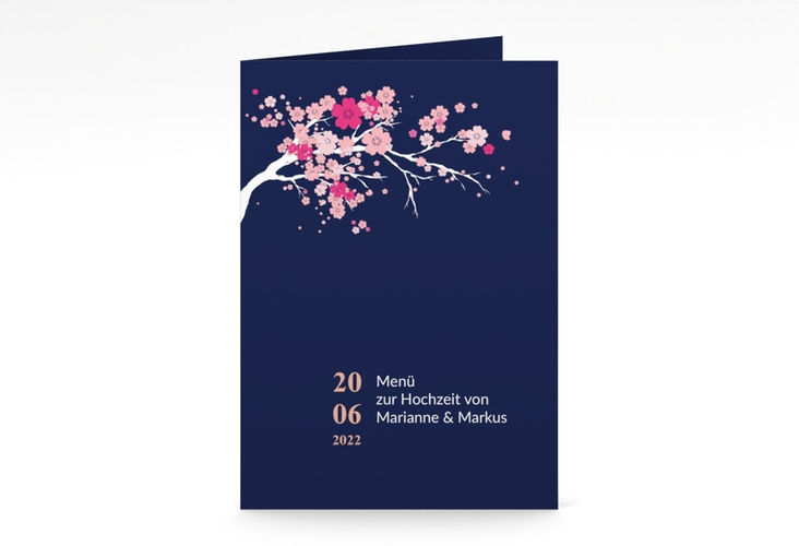 Menükarte Hochzeit Sakura A5 Klappkarte hoch blau