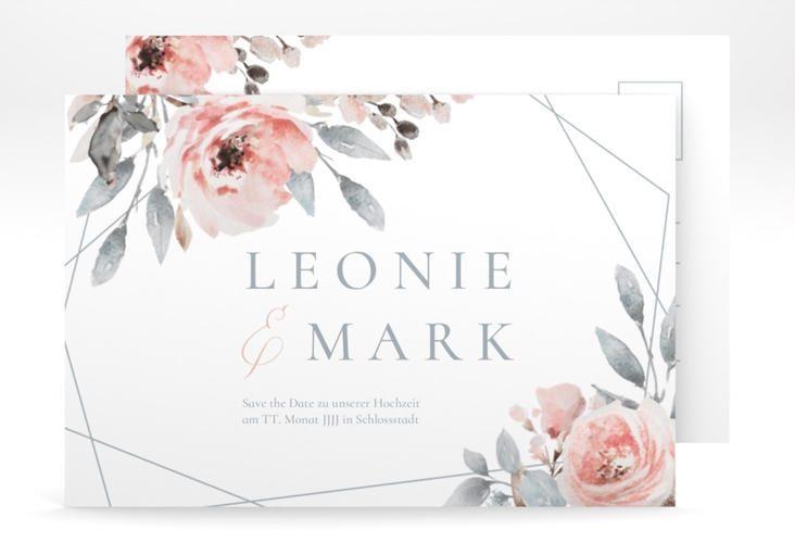 Save the Date-Postkarte Perfection A6 Postkarte weiss hochglanz mit rosa Rosen