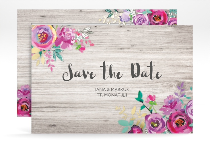 Save the Date-Karte Flourish A6 Karte quer weiss mit floraler Bauernmalerei auf Holz