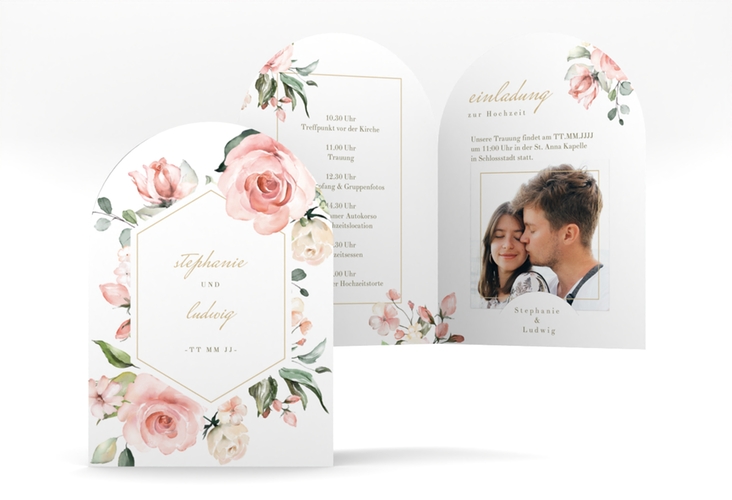 Einladungskarte Hochzeit Graceful A6 Bogen-Klappkarte + Foto weiss hochglanz mit Rosenblüten in Rosa und Weiß