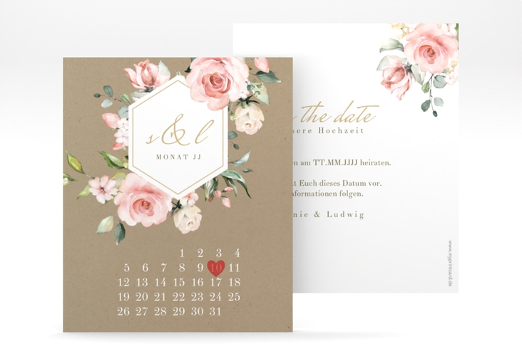 Save the Date-Kalenderblatt Graceful Kalenderblatt-Karte hochglanz mit Rosenblüten in Rosa und Weiß