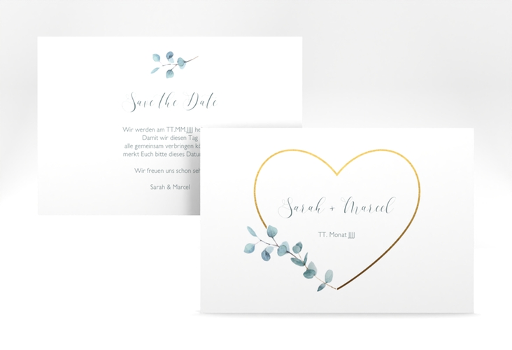 Save the Date-Karte Greenheart A6 Karte quer gold mit elegantem Herz und Eukalyptus-Zweig