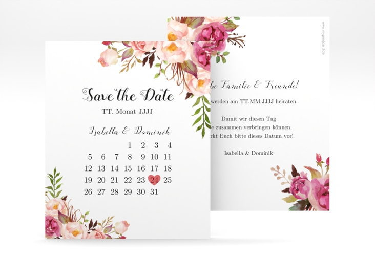 Save the Date-Kalenderblatt Flowers Kalenderblatt-Karte weiss mit bunten Aquarell-Blumen