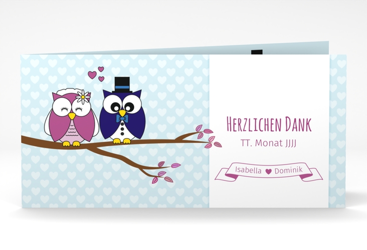 Danksagungskarte Hochzeit Eulenliebe lange Klappkarte quer blau