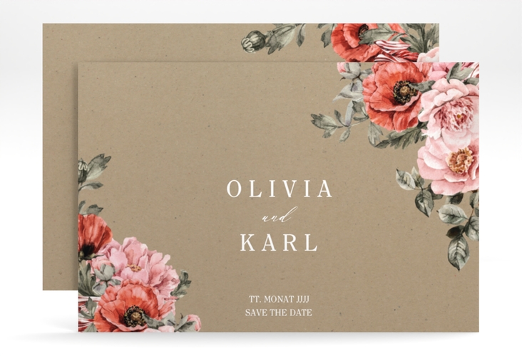 Save the Date-Karte Grazioso A6 Karte quer Kraftpapier modern mit Mohnblumen und Rosen