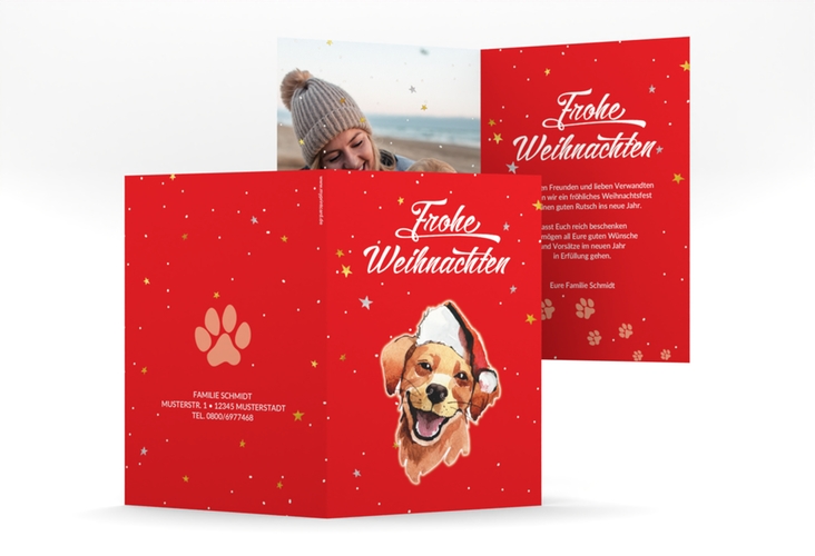 Weihnachtskarte Frosty A6 Klappkarte hoch rot hochglanz mit Hund mit Nikolausmütze