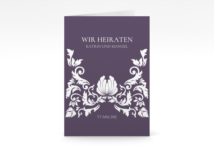 Einladungskarte Hochzeit Royal A6 Klappkarte hoch lila hochglanz mit barockem Blumen-Ornament