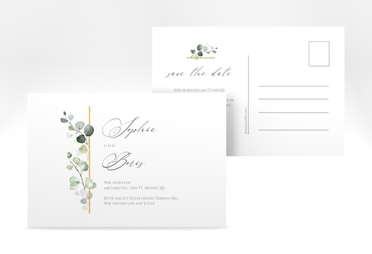 Save the Date-Postkarte Adelya A6 Postkarte elegant mit Eukalyptus-Motiv