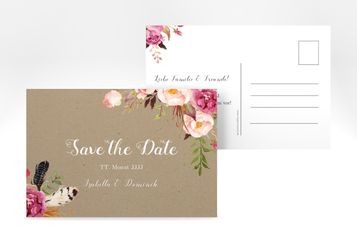 Save the Date-Postkarte Flowers A6 Postkarte Kraftpapier mit bunten Aquarell-Blumen