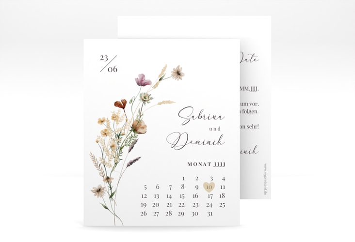 Save the Date-Kalenderblatt Sauvages Kalenderblatt-Karte weiss hochglanz mit getrockneten Wiesenblumen