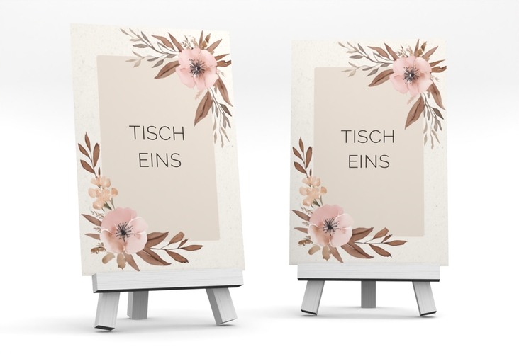 Tischnummer Hochzeit Modest Tischaufsteller beige mit elegantem Blumen-Aquarell