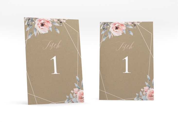 Tischnummer Hochzeit Perfection Tischaufsteller Kraftpapier mit rosa Rosen