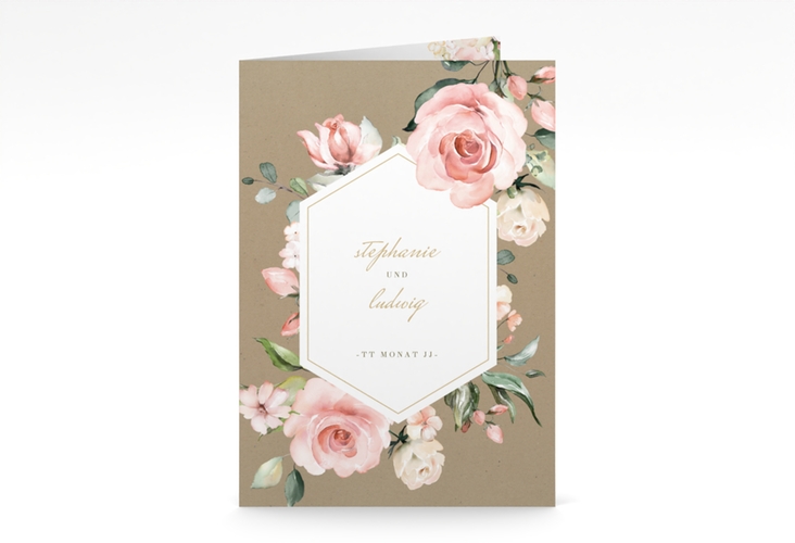 Menükarte Hochzeit Graceful A5 Klappkarte hoch mit Rosenblüten in Rosa und Weiß