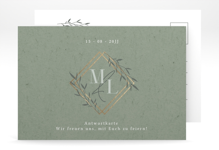 Antwortkarte Hochzeit Greenletter A6 Postkarte mit Initialen in elegantem Goldrahmen mit Blättern